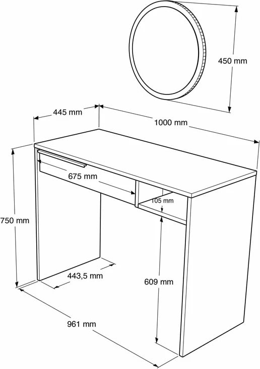 Tavolinë për grim me pasqyrë Dorjie melamine natyrale-gri e errët 100x44.5x75cm