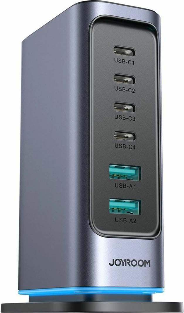 karikues muri GaN 65W, Joyroom JR-TCM02, stacion karikimi 6 porta (4xUSB-C + 2xUSB-A), prizë UK, kabllo 1.5 m, gri
