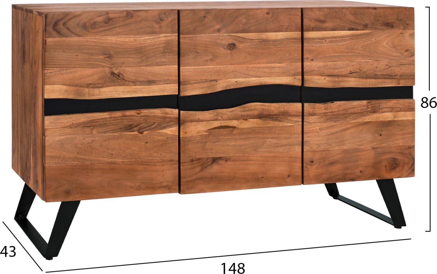 Bufe Alicia prej druri akacie natyrale, këmbë metalike, 148x43x86 cm