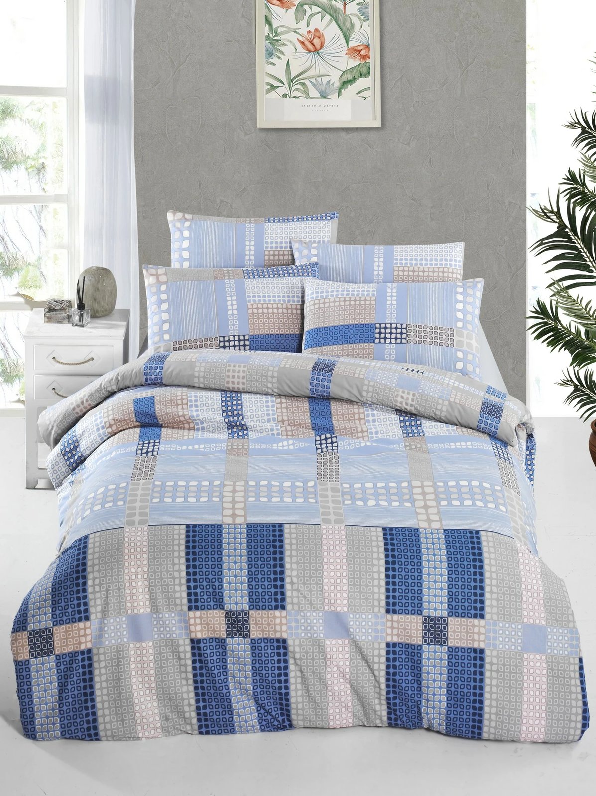 Set mbulesë për dyshek dopio Ranforce, L'essentiel, Orina, blu, bezhë, kafe, 200x200cm, 2 jastëkë