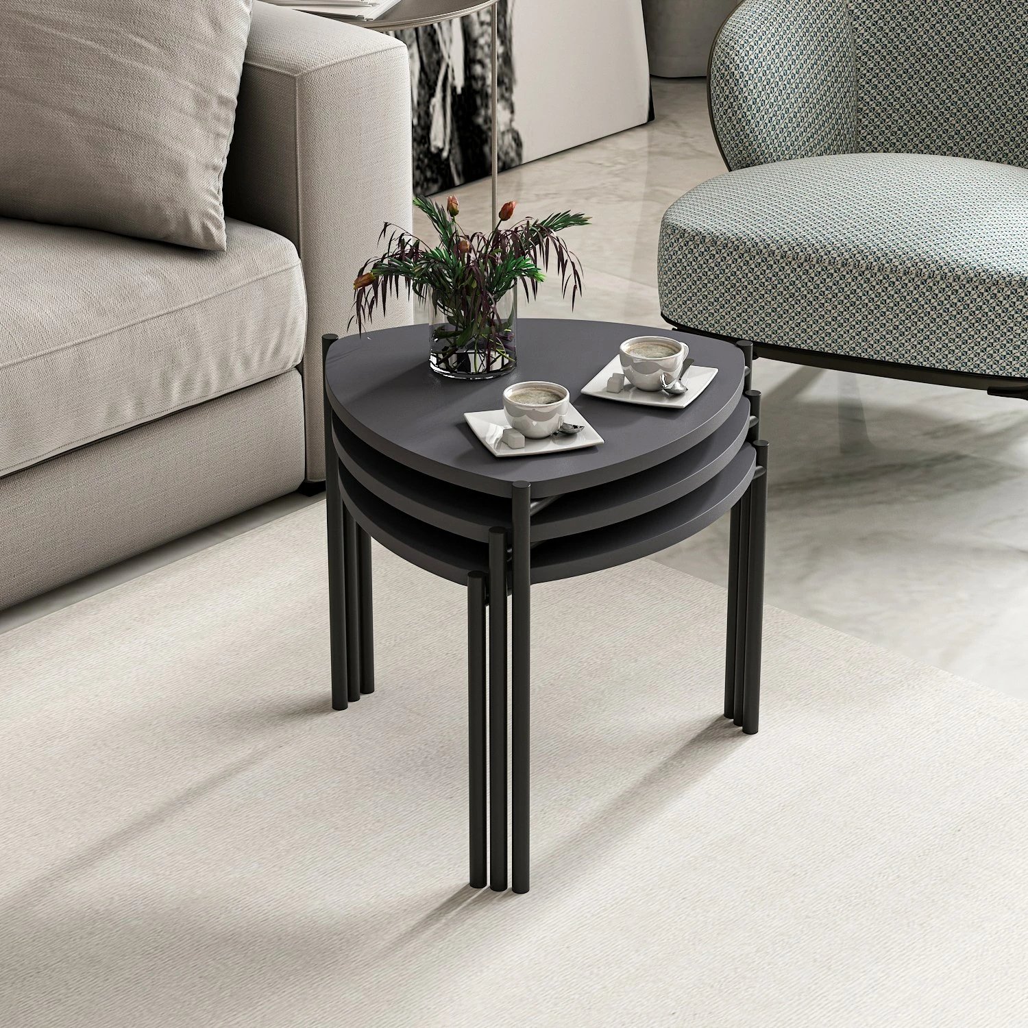 Set tavolinash të vendosshme, Lenny, ngjyrë antracit, 3 copë