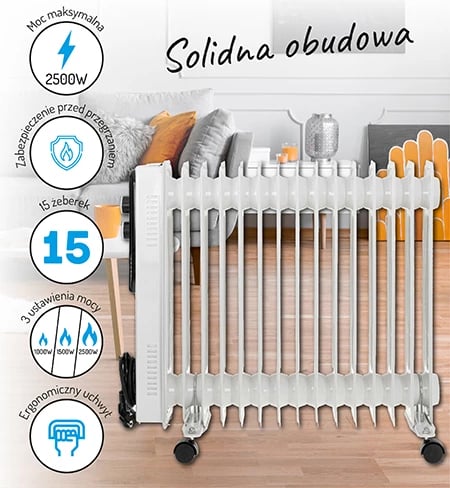 Radiator me vaj, Adler, 7819, 2500W 15 seksione, 3 nivele ngrohjeje, termostat, i bardhë