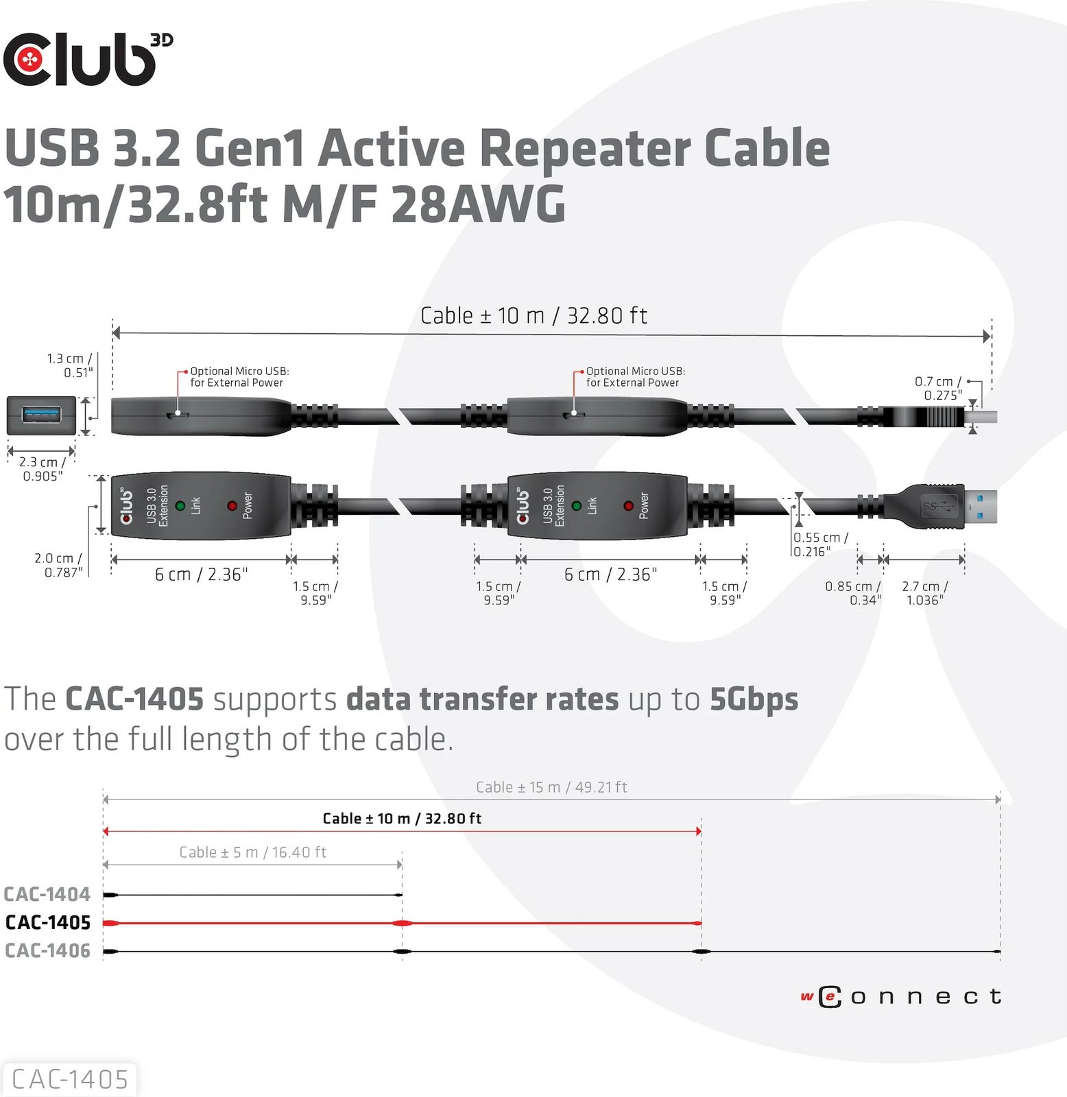 Kabllo USB zgjatues Club3D 10m, USB 3.2, e zezë