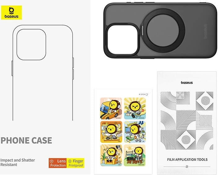 Mbështjellës Baseus SkyRing Magnetic për iPhone 13 Pro, me mbajtëse, xham të temperuar dhe set pastrimi, zi