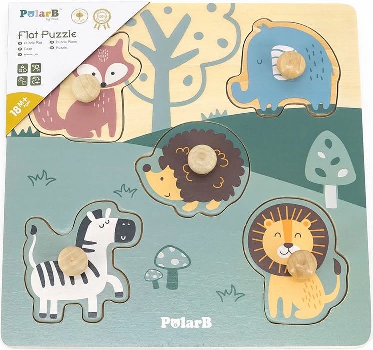 Puzzle druri me kunja, Viga PolarB Animals, 5 pjesë, 21.7 x 21.7 cm, multingjyrësh