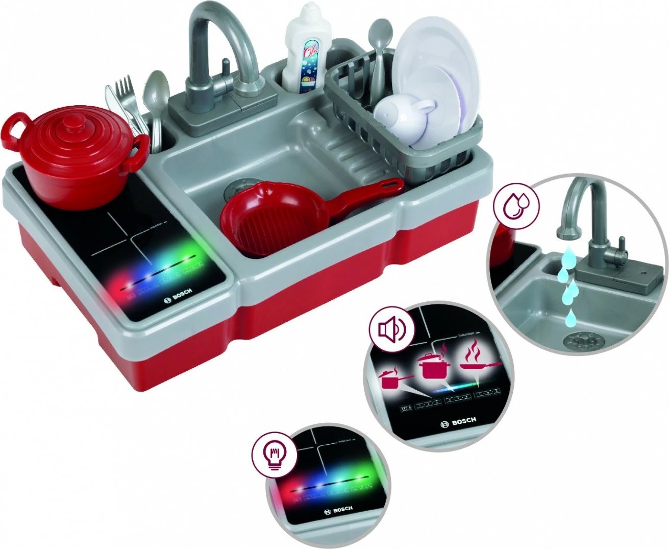 Lavaman kuzhine lodër, Klein 7110, pompë uji dhe drita/tinguj, set aksesorësh, e kuqe/argjendtë/zezë