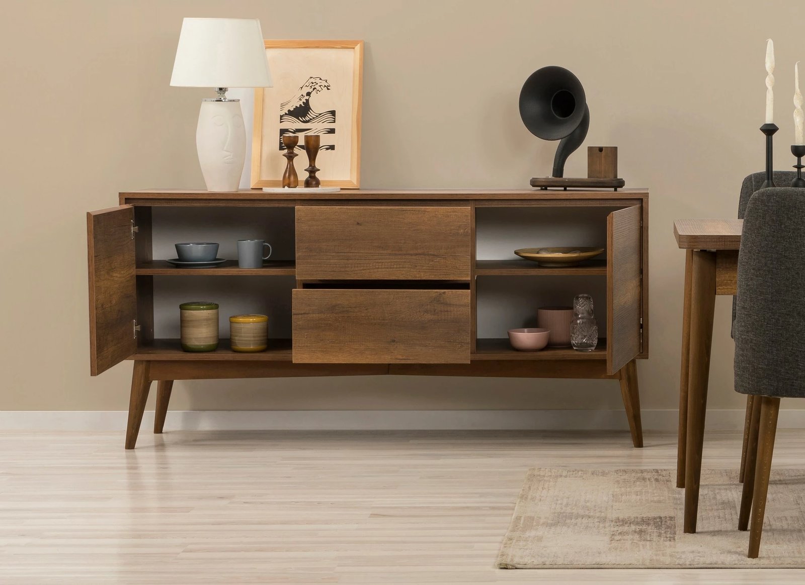 Set tavolinë me karrige dhe konsol, zgjatues, 6 pjesë, ngjyrë arrë dhe antracit, Vina 01 1053