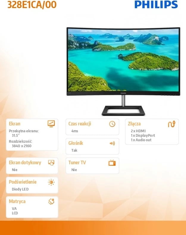 Monitor Philips 328E1CA/00, 31.5 inç, 4K, i lakuar, VA, i zi