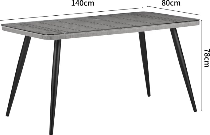 Tavolinë prej xhami PE rattan, ngjyrë druri natyrale, këmbë të zeza, 140x80x78cm