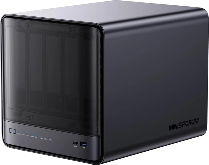 Kompjuter mini NAS, Minis Forum NAS N5 Pro, AMD Ryzen AI 9 HX Pro 370, 32GB RAM 128GB SSD, 5 vende për HDD, 10GbE