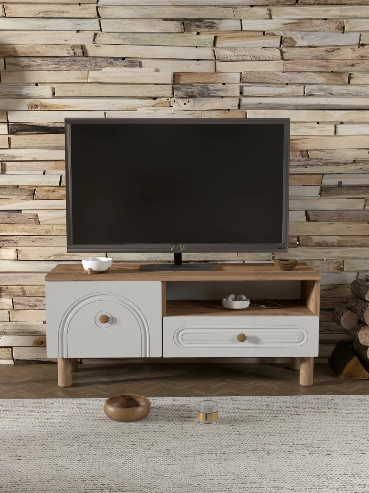 Komodë TV, Skye Decor, Serenta 105, ngjyrë Atlantic Pine dhe e bardhë