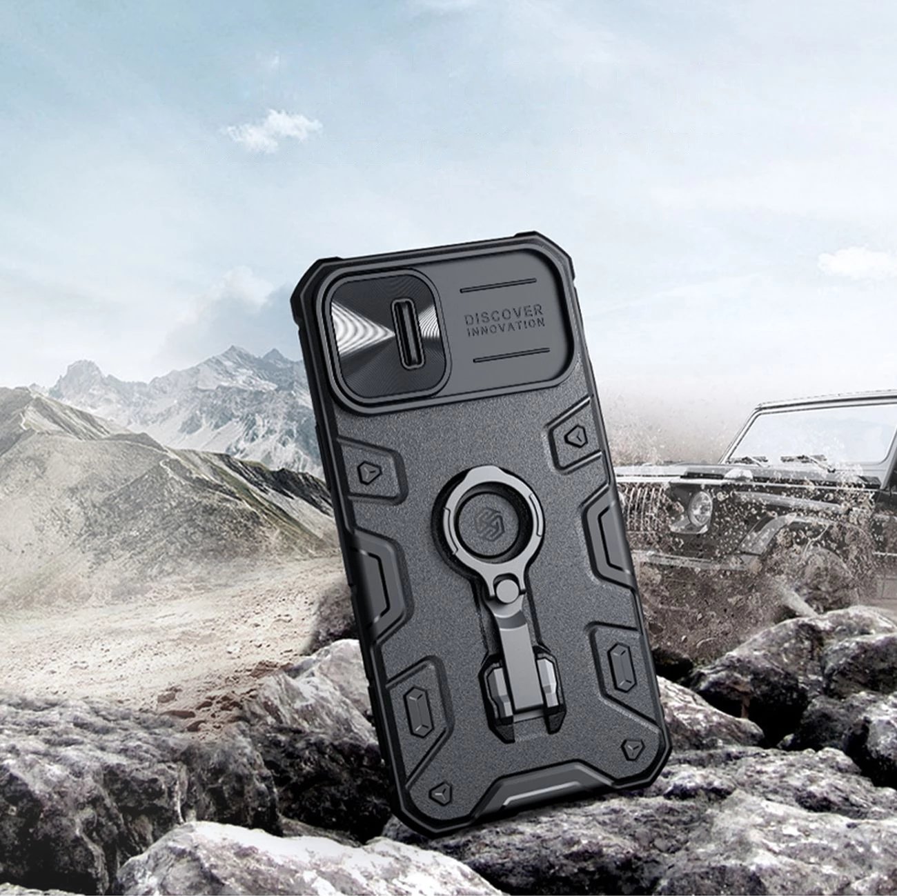 Mbështjellës Nillkin CamShield Armor Pro për iPhone 14 Plus, me mbrojtës kamere, mbajtëse unaze, i zi