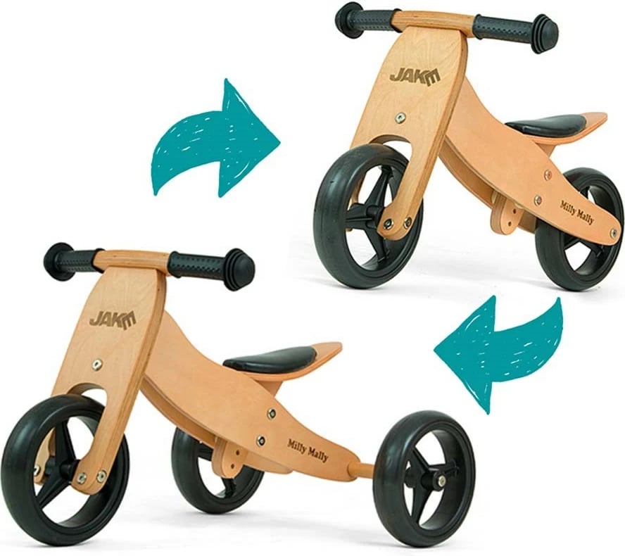 tricikel-bicikletë balancuese druri 2-në-1, Milly Mally JAKE, rrota shkumë 7", ulëse e rregullueshme, 18–36 muaj, 25 kg, Natural