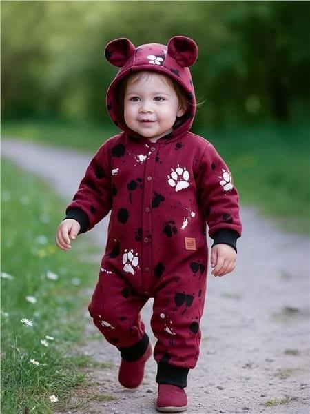 Kombinezon bebe, New Baby Paw, pambuk 95% me elastan, kapuç me veshë, mbyllje me kopsa, i veshur me shtresë pambuku, madhësia 80 (9-12m), rozë e errët