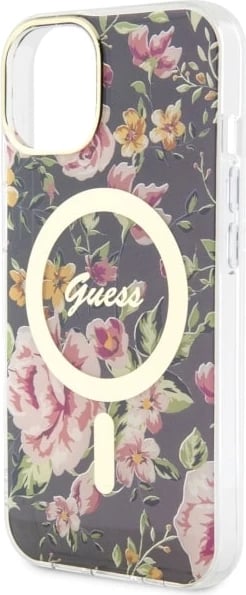 Mbështjellës Guess GUHMP14MHCFWSK për iPhone 14 Plus 6.7", Flower MagSafe, zi