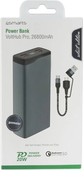 Power bank 4smarts VoltHub Pro, 26800 mAh, Quick Charge 3.0, Ngjyrë e zezë, Metalike