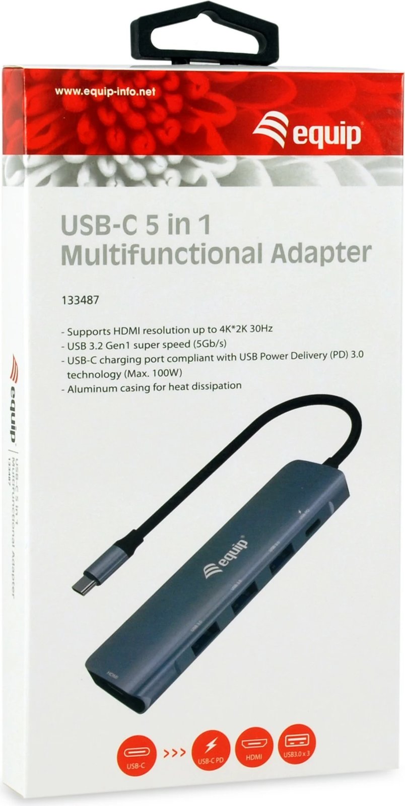 Adapter multifunksional USB-C 5-në-1 Equip, HDMI, USB 3.2 Gen1, 100W PD, alumini, zi/gri