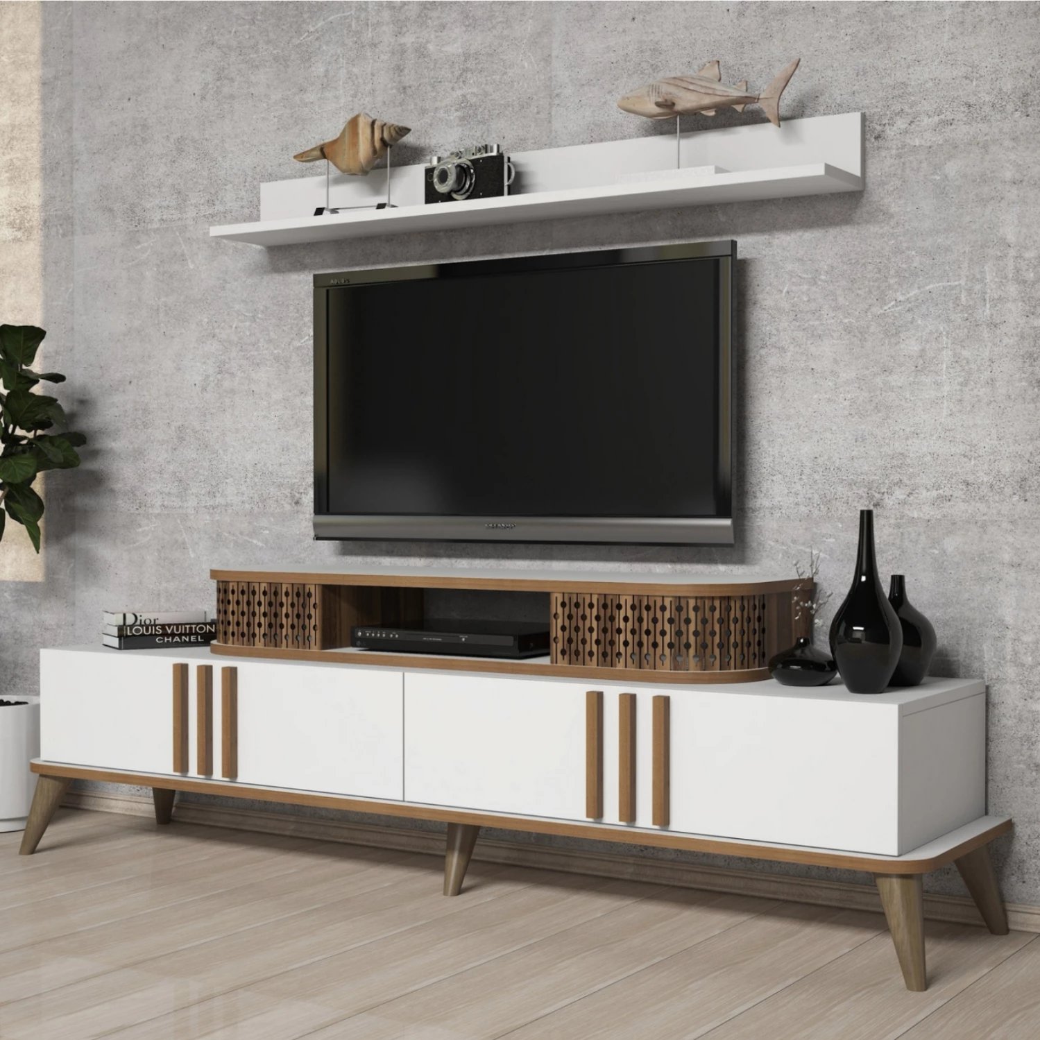 Mobilje TV kombo FH9515.03 melaminë, ngjyrë e bardhë dhe arre, 168x39x51.6Hcm