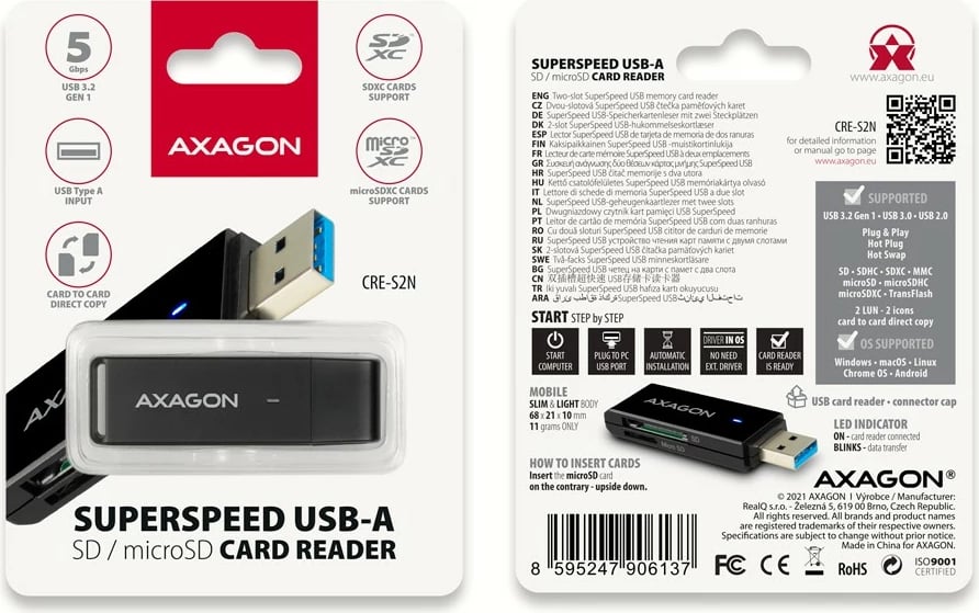 Lexues kartelash AXAGON CRE-S2N, USB 3.2 Gen 1, 2 slote SD/microSD, i zi