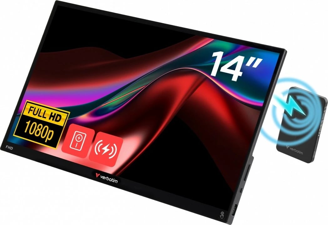 Monitor portabël me prekje, Verbatim, GMVE32088PLG Light 14-inch FHD IPS 60Hz, 10-point touch, 2x USB-C + HDMI, altoparlantë të integruar, me power bank 5000mAh, i zi