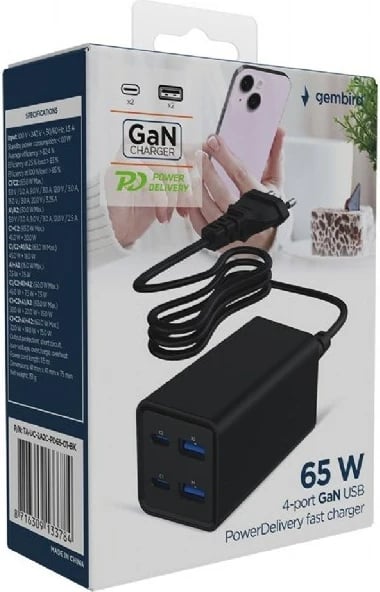 Karikues GEMBIRD TA-UC-2A2C-PD65-01-BK për laptop e celular, 65W, 4 porta USB, i zi