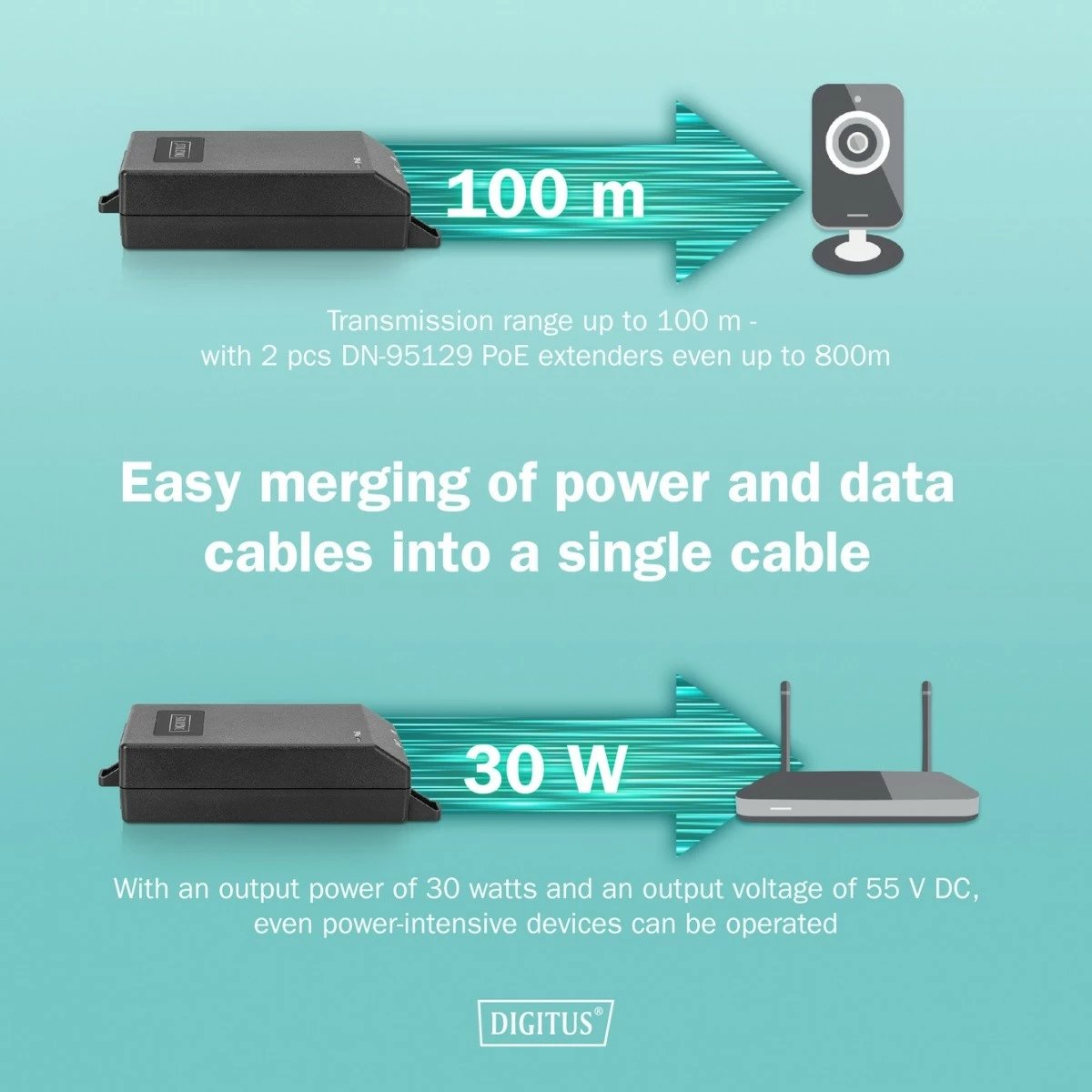 Adapter PoE+, Digitus, DN-95103-3, IEEE 802.3af/at, 55V 30W, 10/100/1000 Mbps, deri 100 m, e zezë