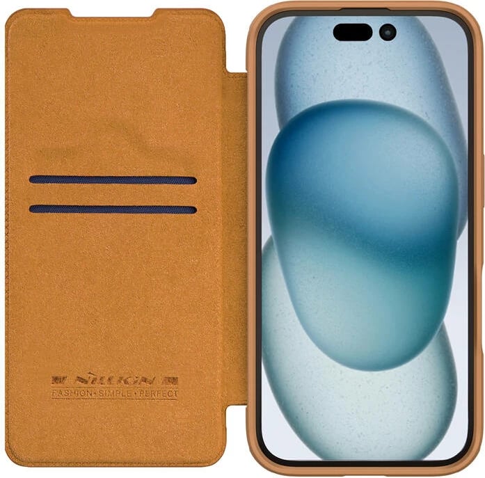 Mbështjellës Nillkin Qin Prop Leather për iPhone 16, lëkurë, kafe