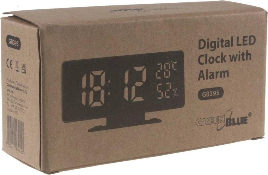 Orë alarmi GreenBlue GB395 me termometër dhe higrometër, e zezë