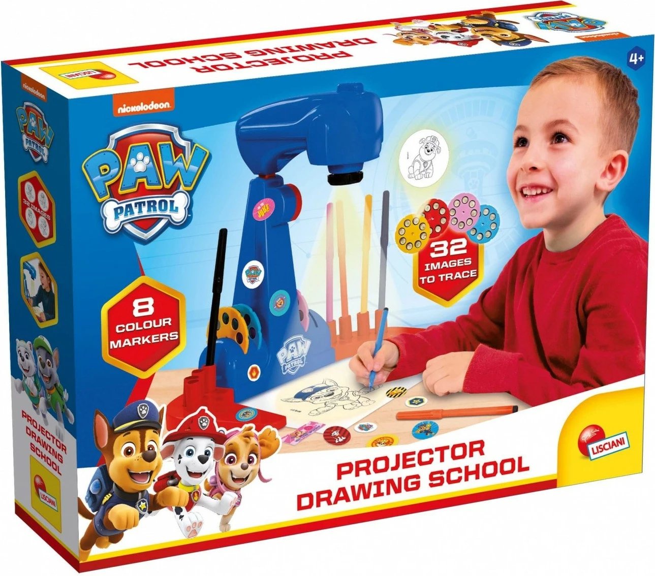 Projektor vizatimi Paw Patrol Lisciani, 32 imazhe, 8 markera, plastikë