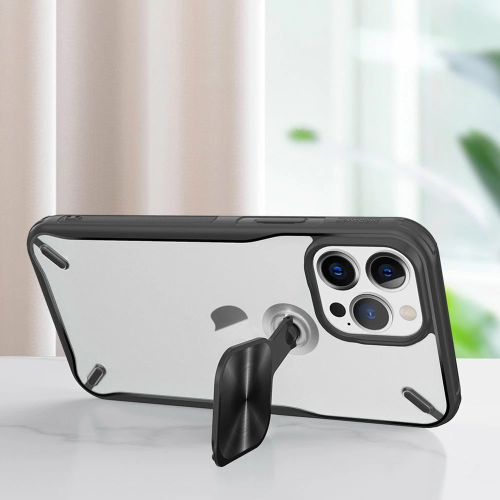 Mbështjellës Nillkin Cyclops Case për iPhone 13 Pro Max, me kapak kamere dhe mbajtëse, i zi