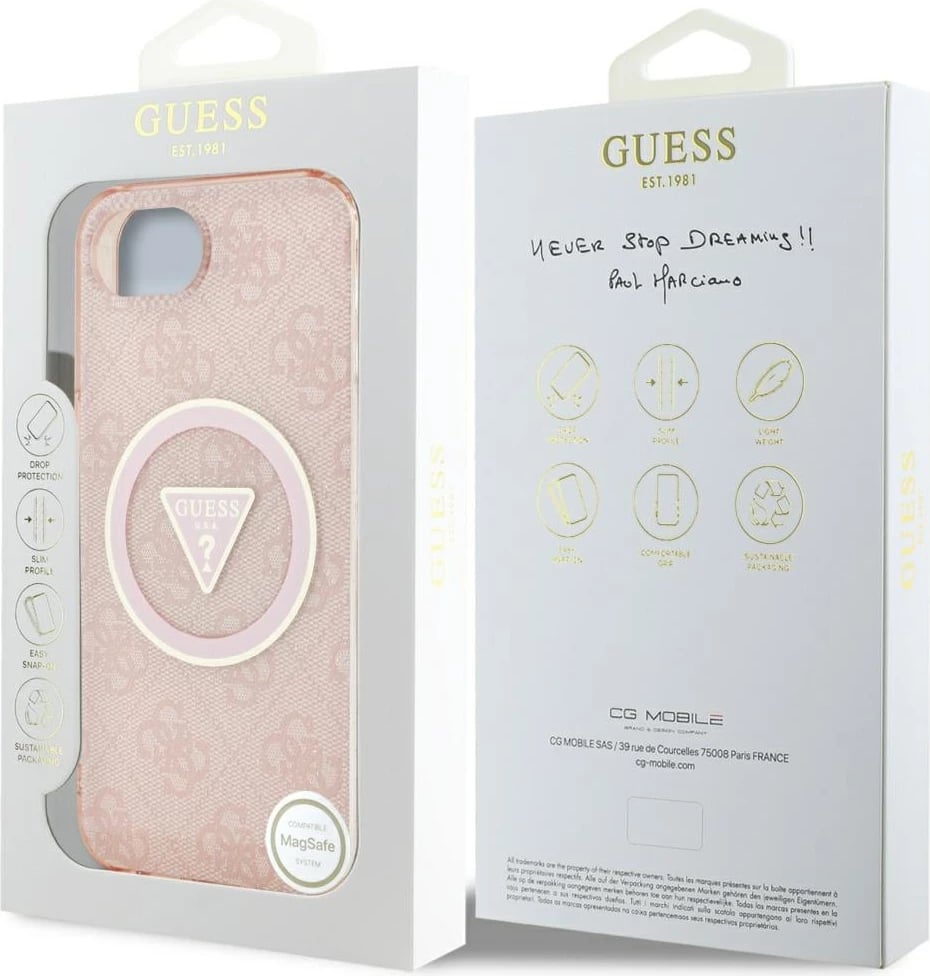 Mbështjellës Guess IML Metal Glitter 4G Circle Triangle MagSafe për iPhone 16e, Rozë Mbështjellës Guess IML Metal Glitter 4G Circle Triangle MagSafe për iPhone 16e, Rozë