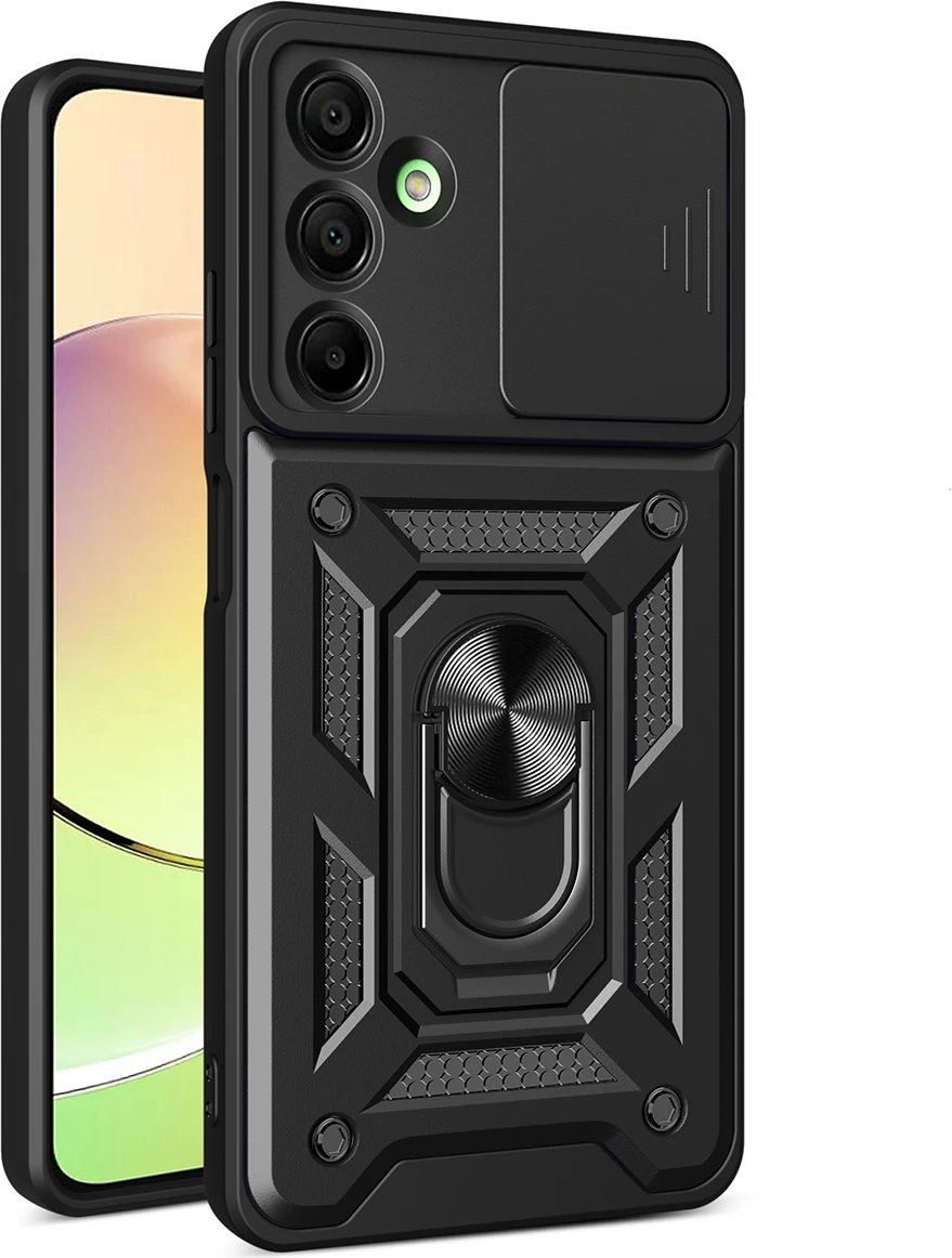 Mbështjellës Hurtel Hybrid Armor Camshield me mbulesë kamere dhe unazë metalike për Samsung Galaxy A16 / A16 5G, Zi