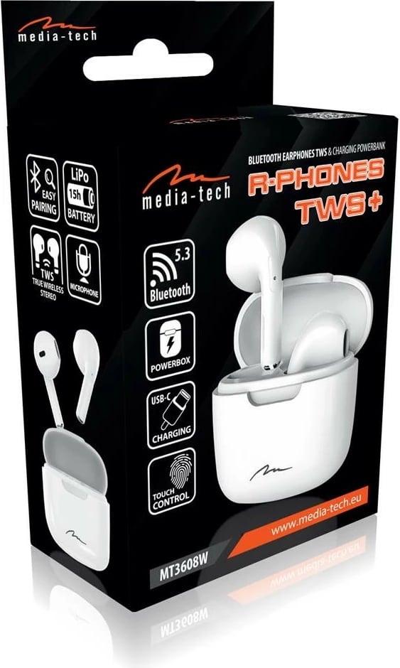 Kufje wireless Media-Tech R-PHONES TWS+ MT3608W, in-ear, Bluetooth, USB-C, Bardhë