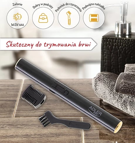 Trimer vetullash, Adler, AD 2934b, teh inoksi, krehër udhëzues 1.5/3.5 mm, trup alumini, 1x AAA, i zi