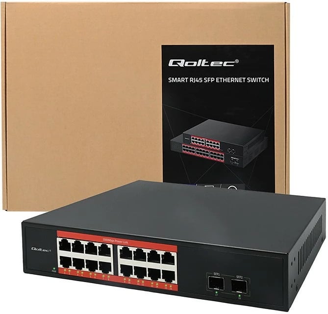Switch PoE Gigabit, Qoltec 52364, 16x RJ45 10/100/1000, 2x SFP 1Gbps, Plug & Play