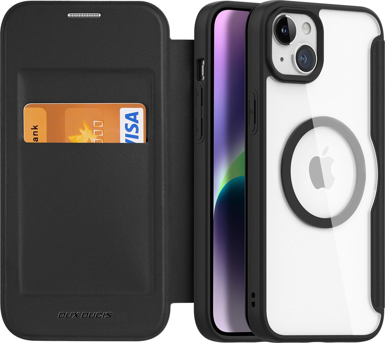 Mbështjellës me kapak magnetik MagSafe, Dux Ducis, Skin X Pro, për iPhone 15, me qëndrim dhe xhepa për karta/portofol, e zezë