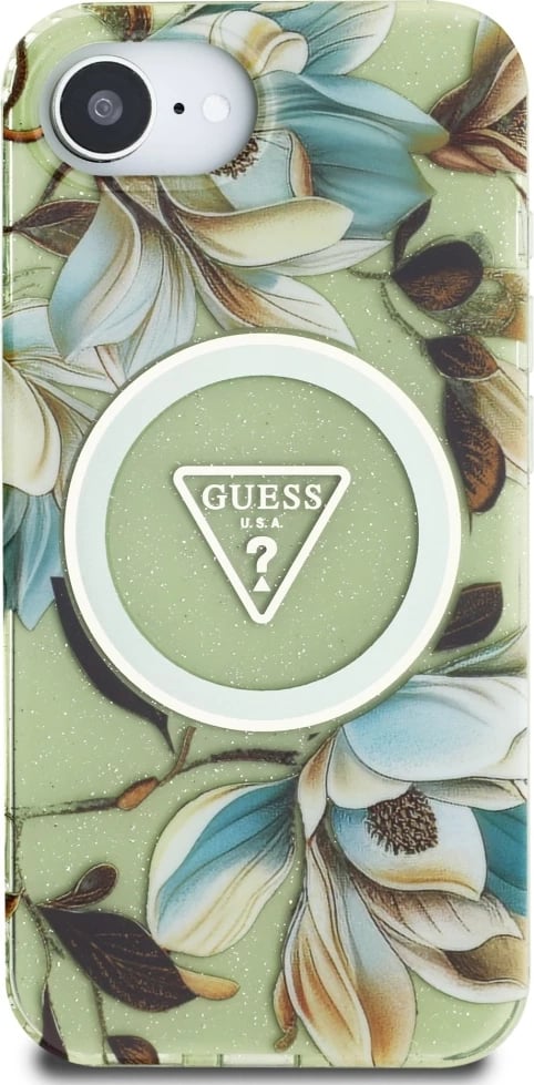 Mbështjellës Guess IML Metal Glitter Flowers Triangle MagSafe për iPhone 16e, Gjelbër Mbështjellës Guess IML Metal Glitter Flowers Triangle MagSafe për iPhone 16e, Gjelbër
