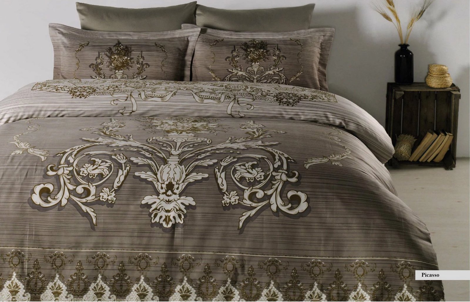 Set mbulesë për jorgan dopio, satin, Picasso, ngjyrë kafe, bardhë, bezhë