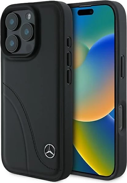 Mbështjellës Mercedes MB Curved Stitches Leather për iPhone 16 Pro, i zi