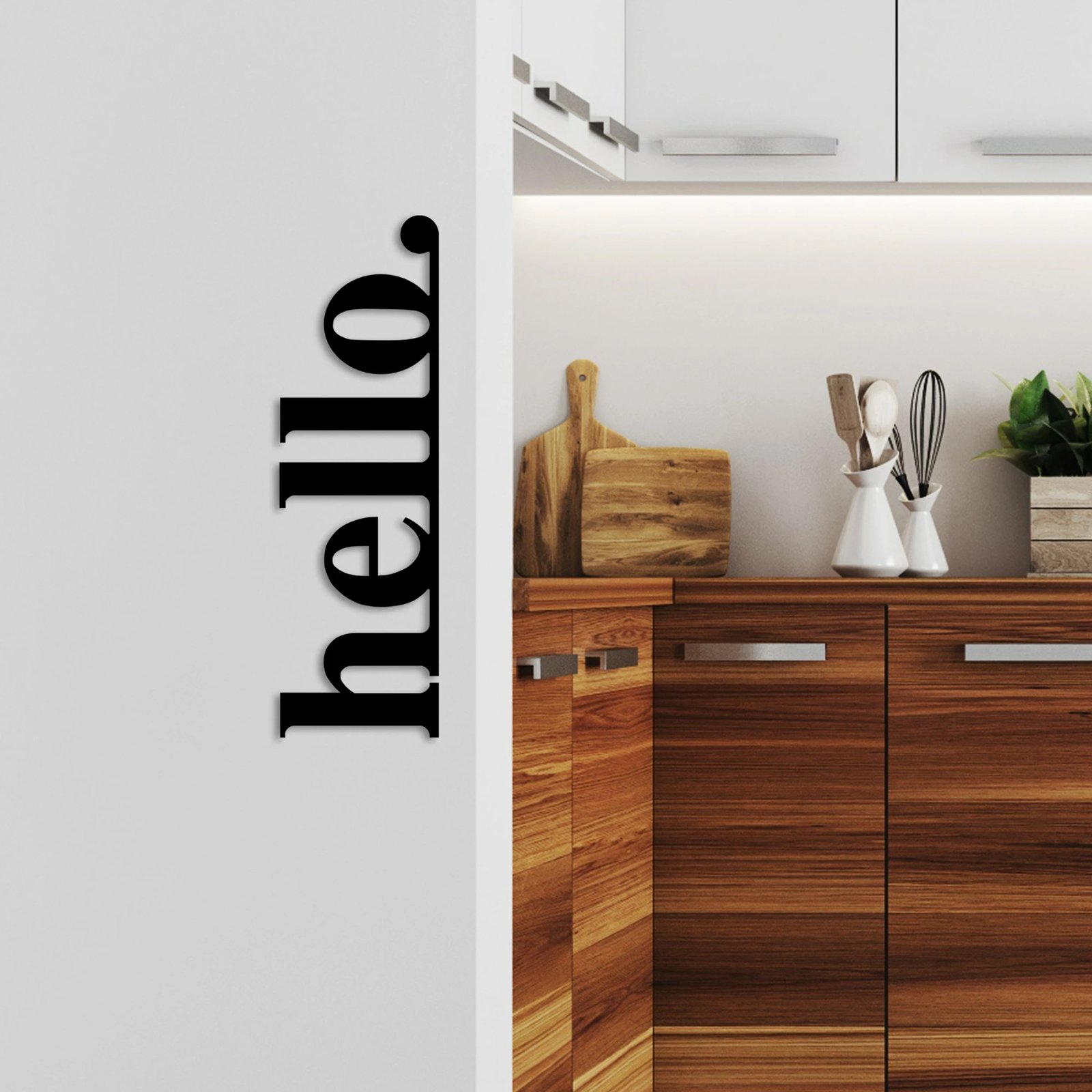 Aksesor dekorativ metalik për mur, Wallity, 'hello', ngjyrë e zezë, 70x21cm