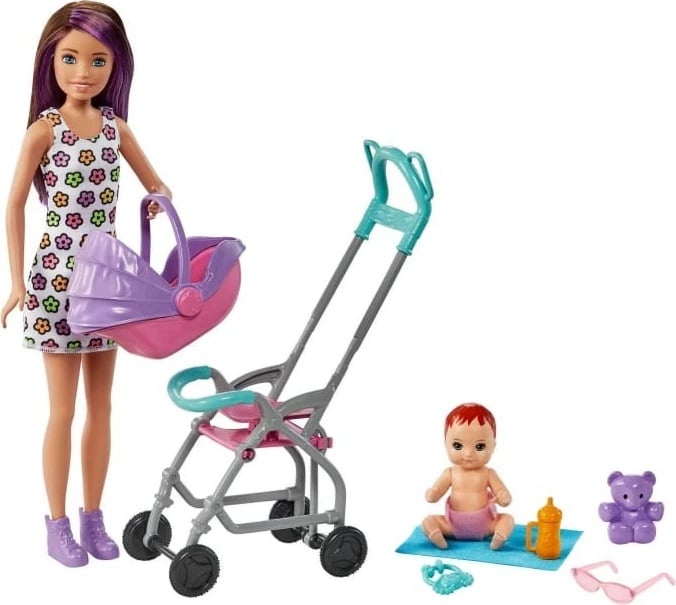 Set lodrash Barbie Skipper Babysitter me karrocë dhe bebe, Mattel GXT34