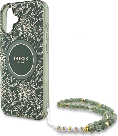 Mbështjellës Guess IML Flowers Allover Electro me rrip perlash MagSafe për iPhone 16 Plus, Gjelbër