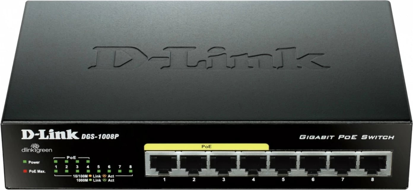 Switch D-Link DGS-1008P/E, 8 porta Gigabit, kasë metalike, PoE