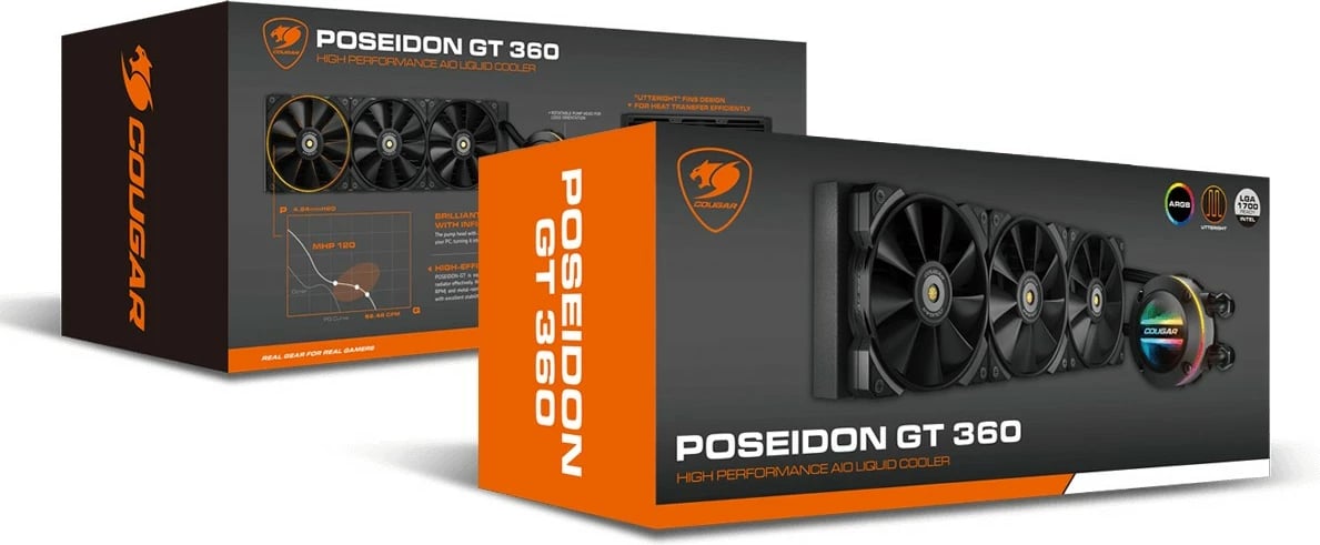 Ftohës me lëng Cougar POSEIDON-GT 360, ARGB, 3x12cm, i zi