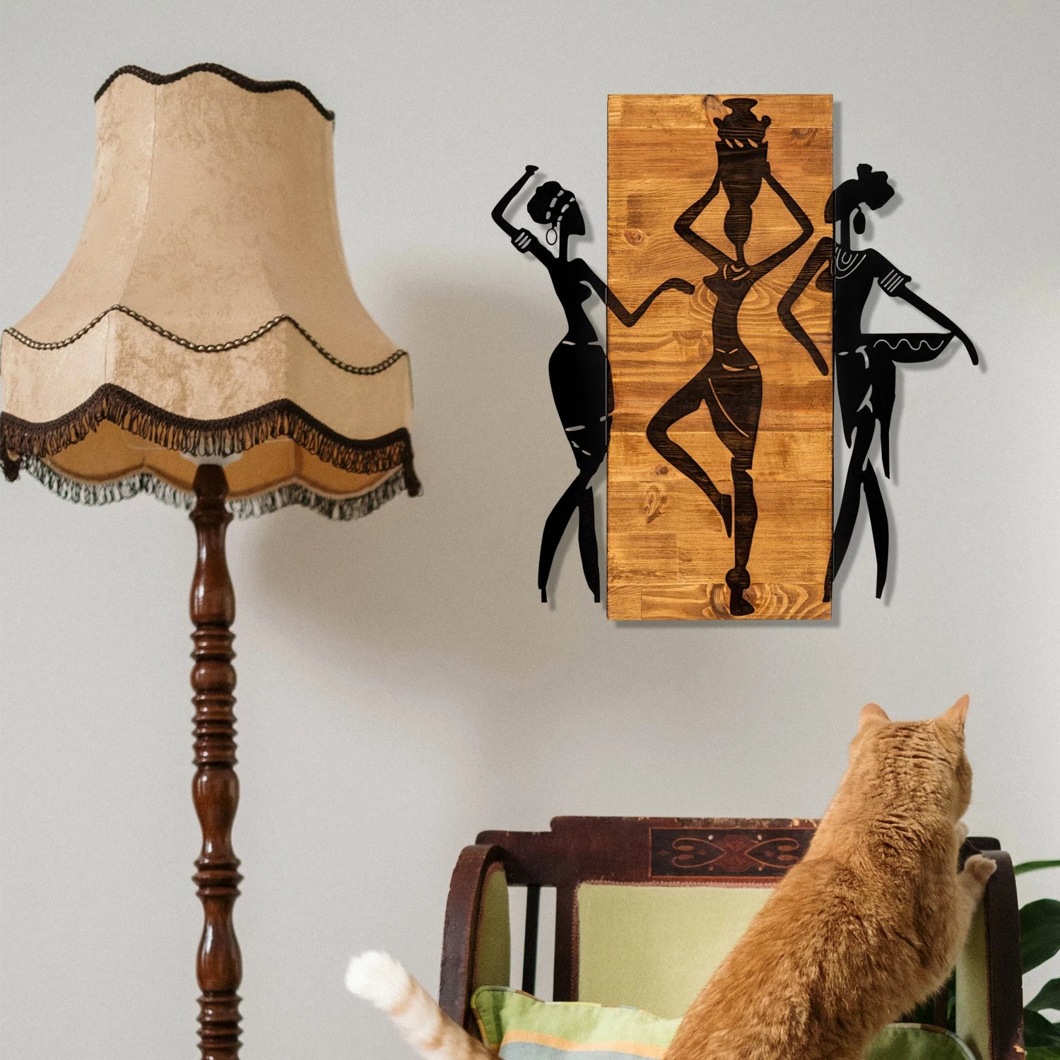 Aksesor dekorativ për mur, dru dhe metal, Wallity, Afrikan, ngjyrë e zezë dhe arre, 54x58cm