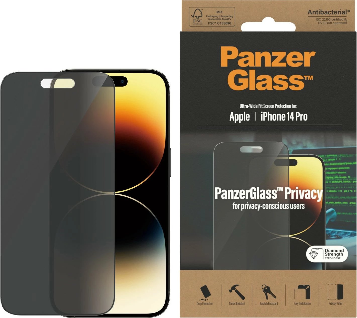 Mbështjellës ekrani PanzerGlass për iPhone 14 Pro, Privacy, antibakterial