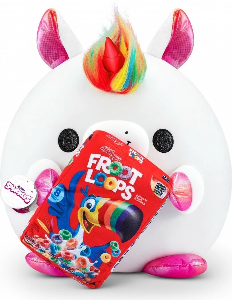 Lodër pelushi ZURU Snackles Unicorn, 35cm, me Froot Loops, Rozë/Bardhë