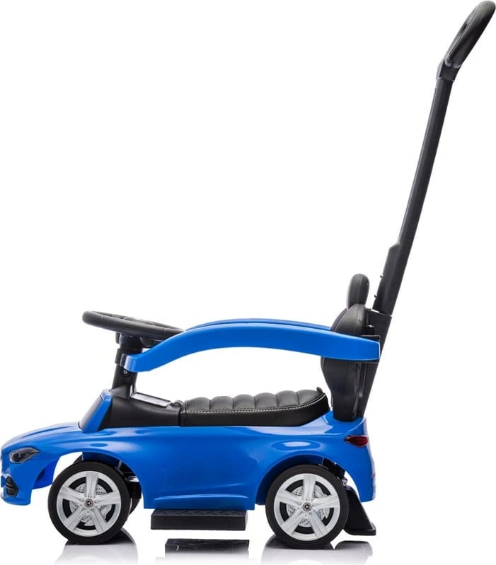 makinë ride-on me dorezë udhëzuese, Milly Mally Mercedes C-Class Deluxe, sedilje eko-lëkurë, goma gome, tinguj timoni, ngarkesë 25 kg, 12–36 muaj, blu
