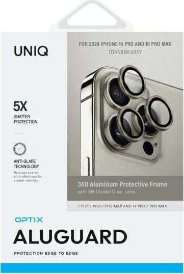 Mbështjellës alumini për lente kamere UNIQ Optix, për iPhone 16 Pro / 16 Pro Max, titanium