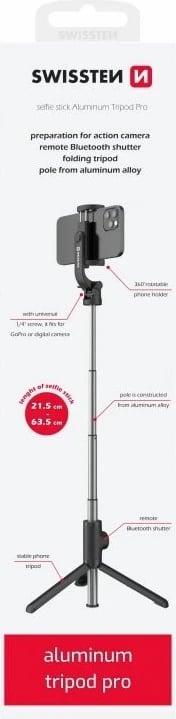 Tripod Swissten Bluetooth Selfie Stick Alumini 
